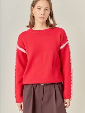 English Factory Red & Pink Stitched Trim Sweater | Size Small